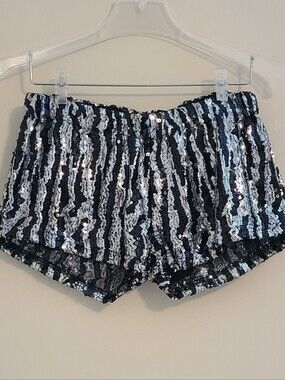 Sparkle & Fade Sequin Shorts Black Silver Metallic Print Size M